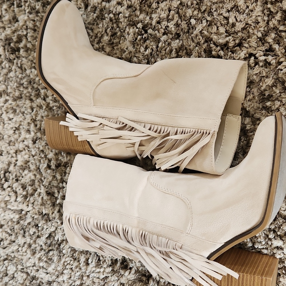 Beige Fringe Suede Boots - Picture 4 of 11